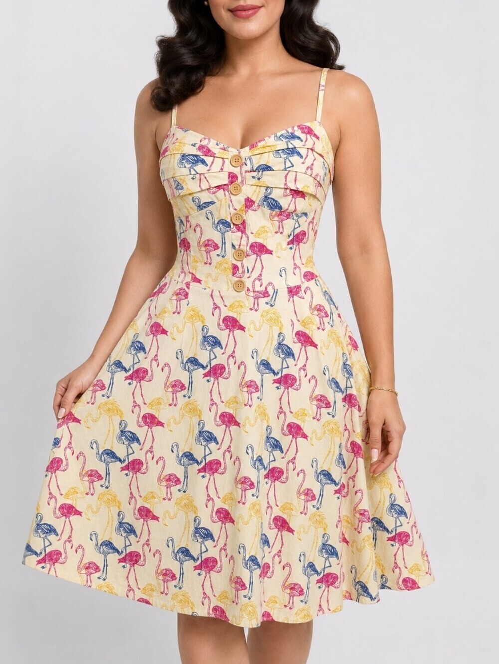 Collectif Fairy Flamingo Print Swing Dress Fit & Flare Smocked Back Cotton S